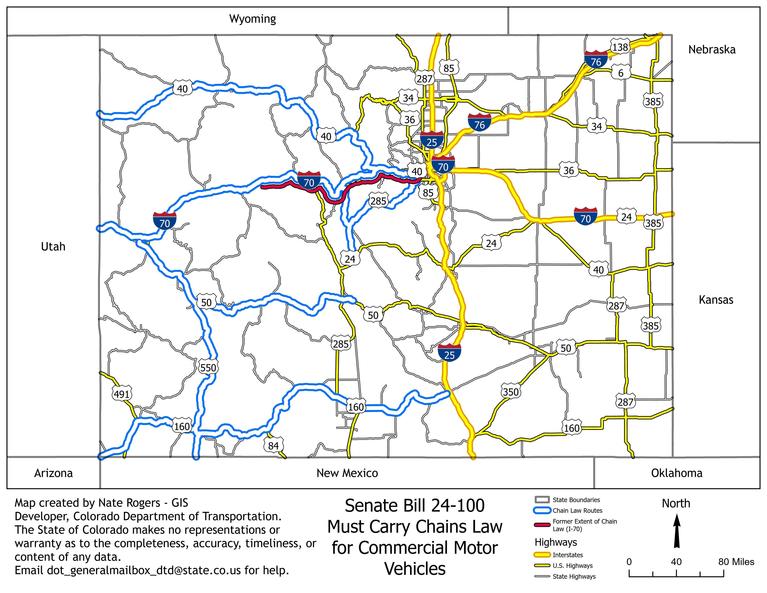 This map illustrates the routes in Colorado impacted by Colorado Senate Bill 24-100, which mandates chain requirements for commercial motor vehicles (CMVs). The bill covers seven key routes.