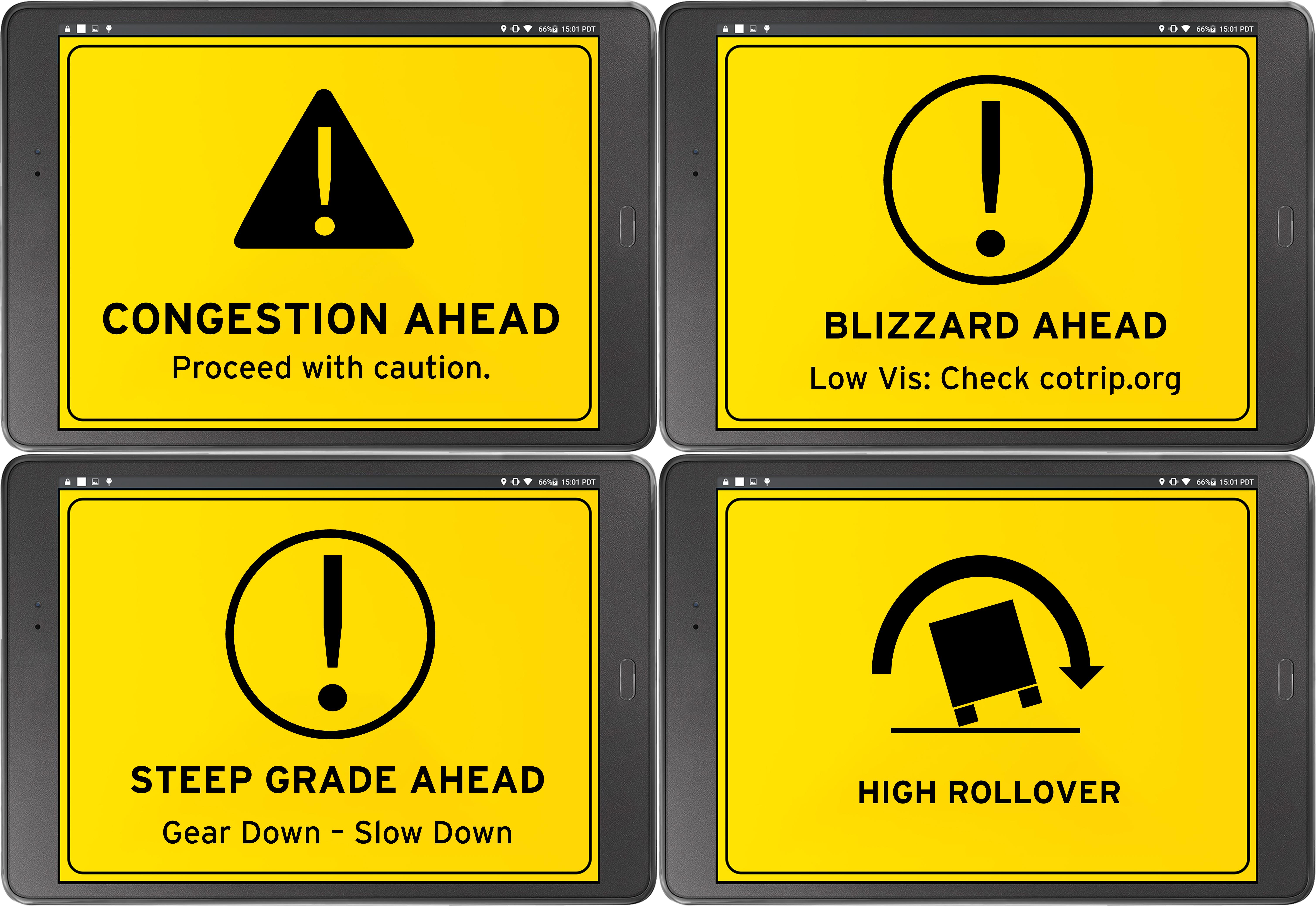 Four Examples of In-Cab Messaging (Correct Order): as a visual representation of what warnings drivers may receive on their devices. There is a "congestion ahead: proceed with caution" "blizzard ahead: low visibility" "steep grade ahead: gear down - slow down" and "high rollover" examples. 